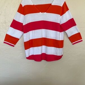 TenOh 8 Y2K cotton nautical pink orange white stripe V-neck pullover sweater XL